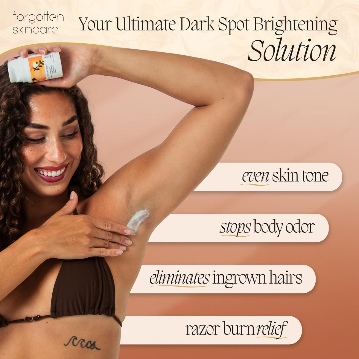 Forgotten Skincare applied to underarm demonstrating odor control benefit