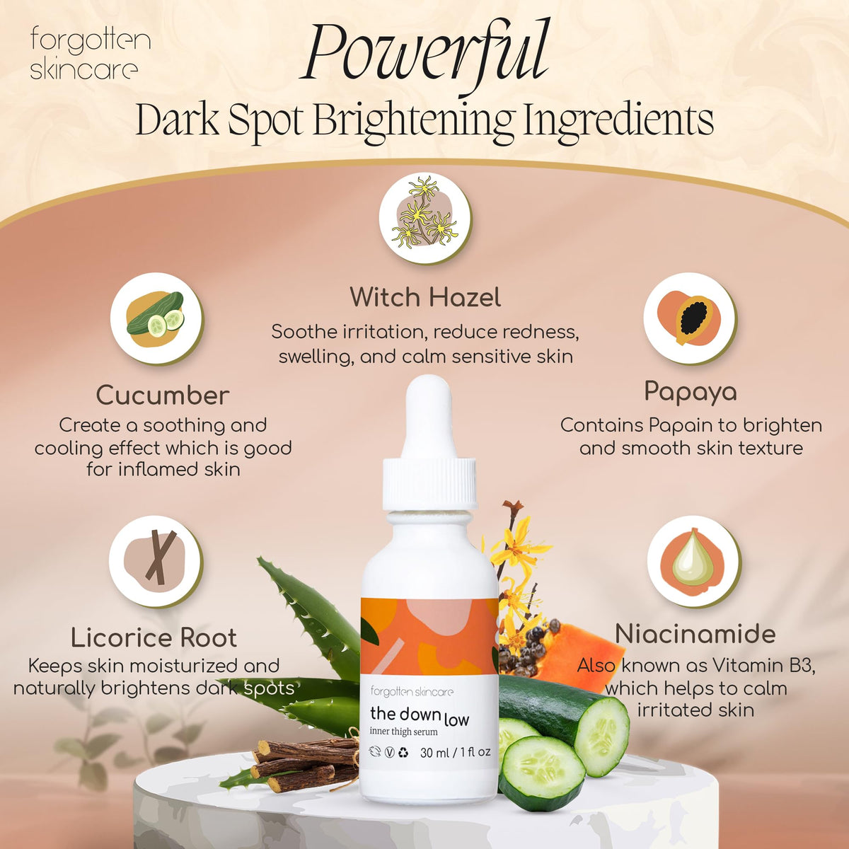 Forgotten Skincare bottle in hand to show size and easy application