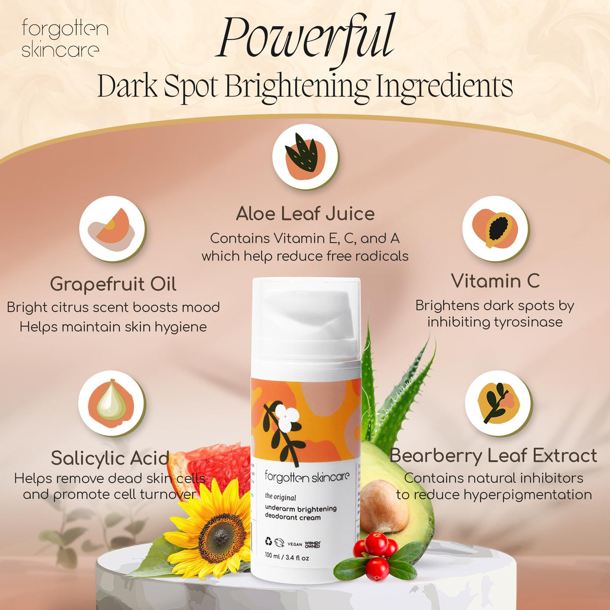 Forgotten Skincare label close-up showing key ingredients and benefits