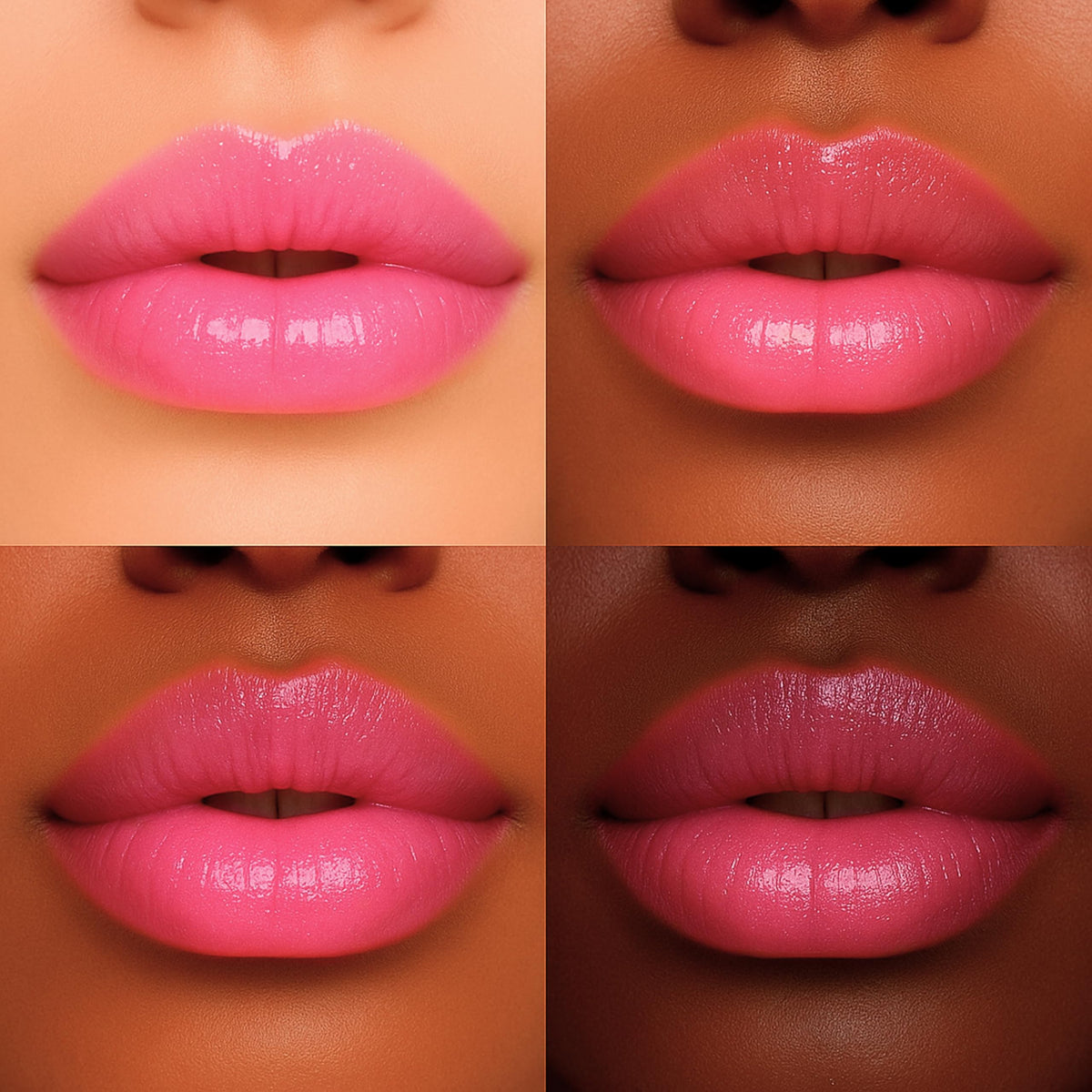 Formless Beauty on model lips demonstrates glossy pink glitter effect and fuller-looking, moisturized lips