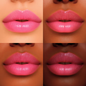 Formless Beauty on model lips demonstrates glossy pink glitter effect and fuller-looking, moisturized lips