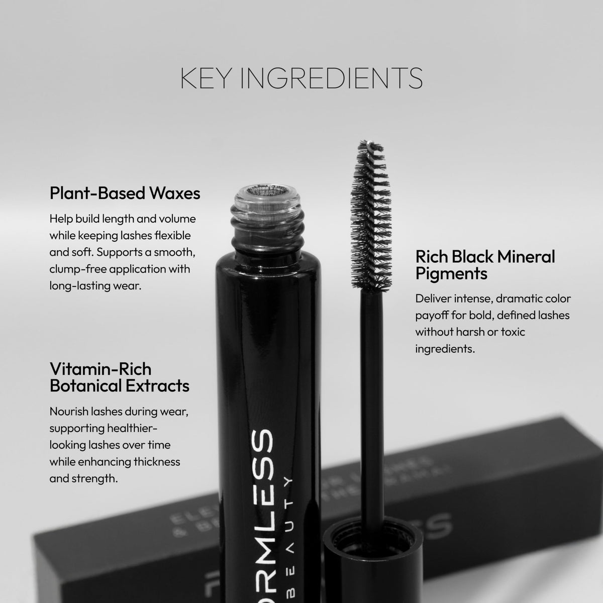 Formless Beauty mascara held in hand to show size and portable, durable glass packaging benefit