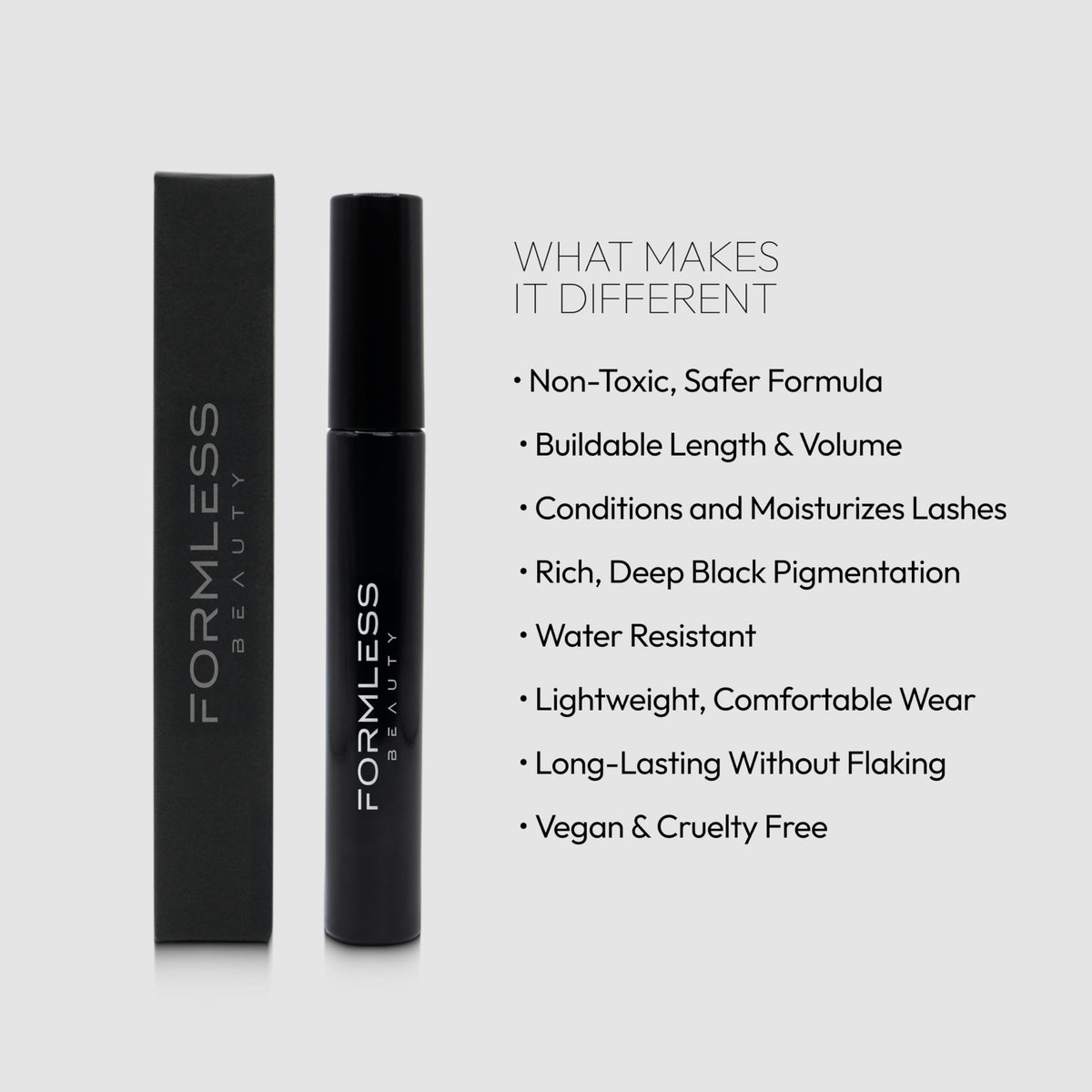 Formless Beauty mascara texture swatch on skin showing rich black pigment and smooth finish