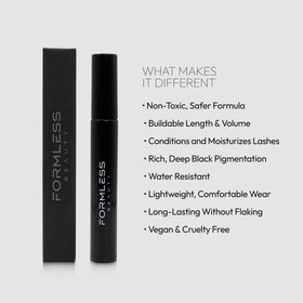 Formless Beauty mascara texture swatch on skin showing rich black pigment and smooth finish