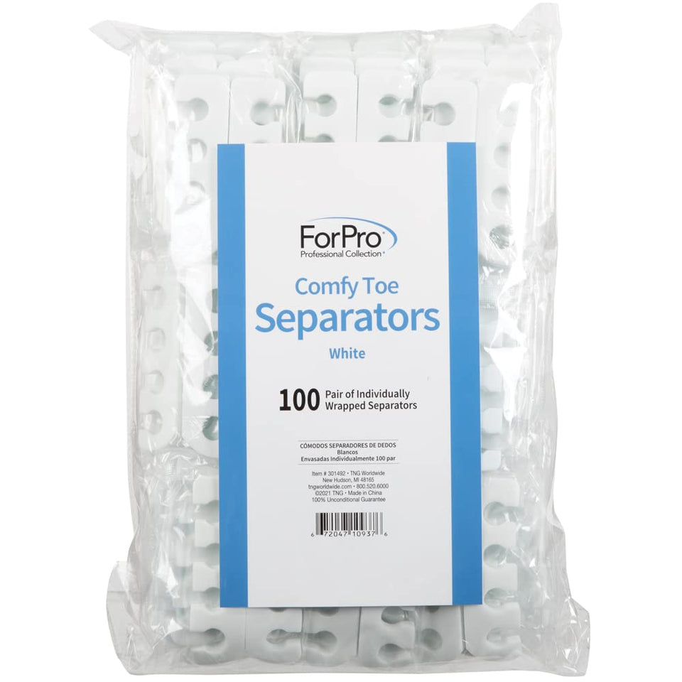 ForPro toe separators front packaging shows 100-pair bulk and individual wrap benefit