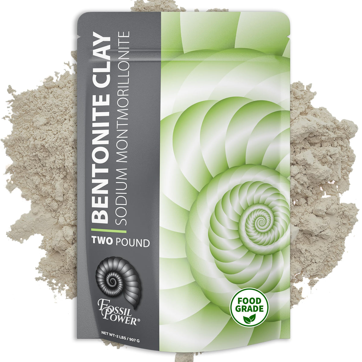 FOSSIL POWER front packaging showing 2 lb food grade bentonite