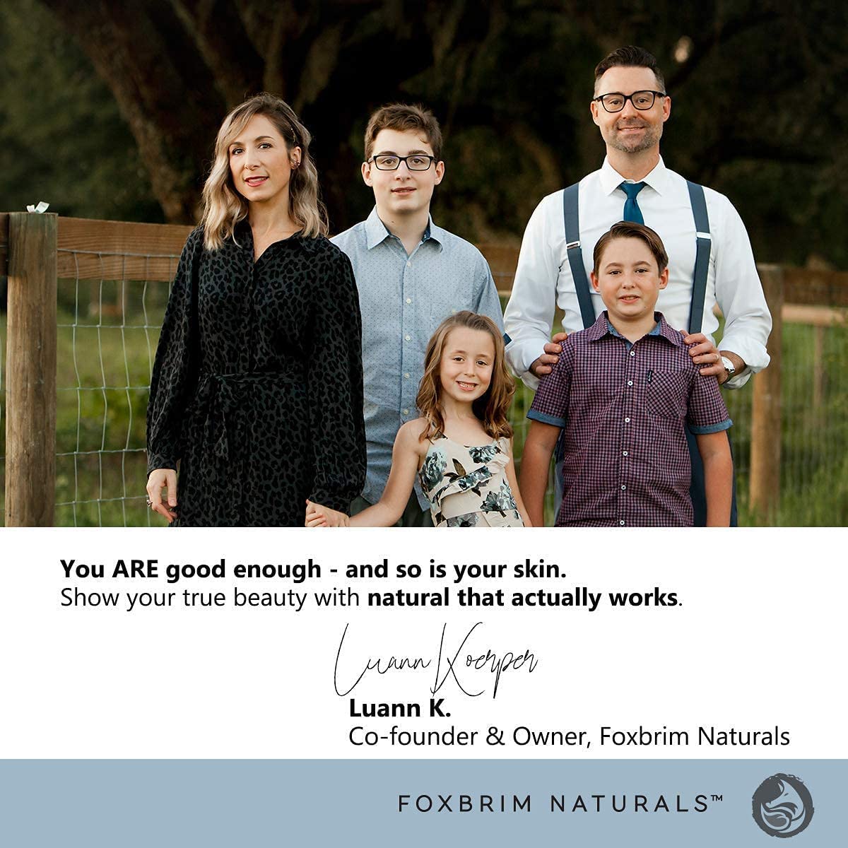 Foxbrim Naturals label close-up showing certifications and clean formula benefit