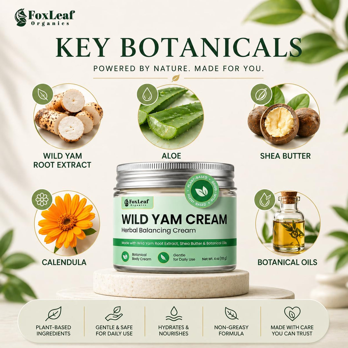 FOXLEAF cream on palm demonstrating easy absorption and non-greasy feel