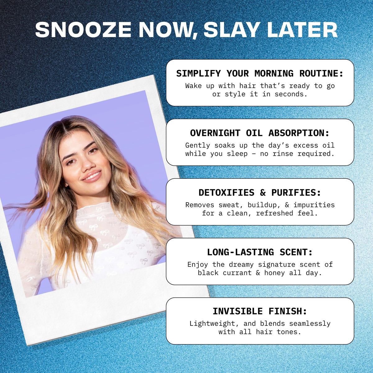 FoxyBae model applying spray at bedside demonstrating easy overnight use benefit