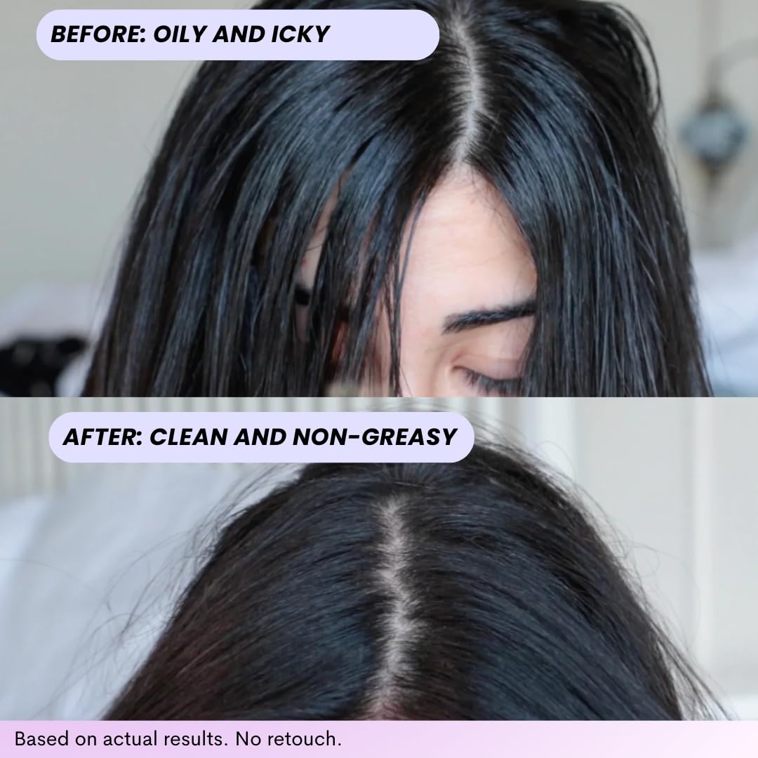FoxyBae applying spray at roots for instant oil absorption