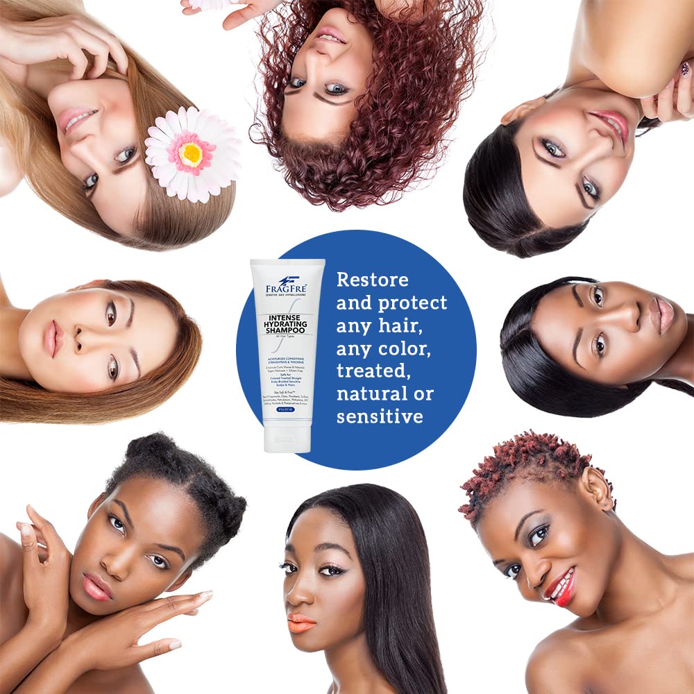 FRAGFRE bottle on bathroom shelf, neutral setting for sensitive scalps