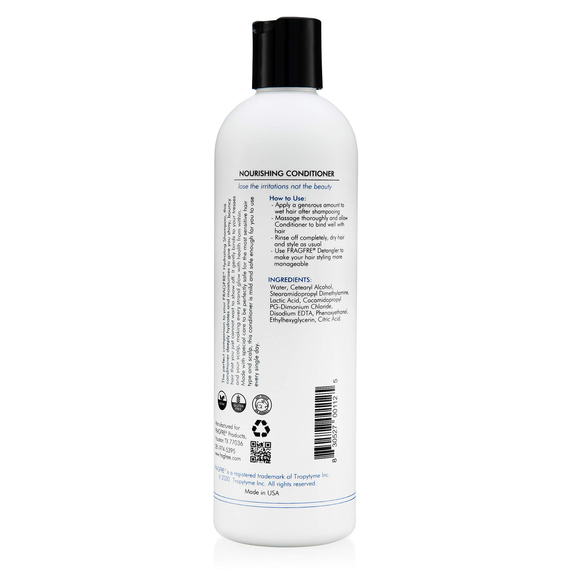 FRAGFRE label detail closeup highlighting hypoallergenic, paraben-free formula