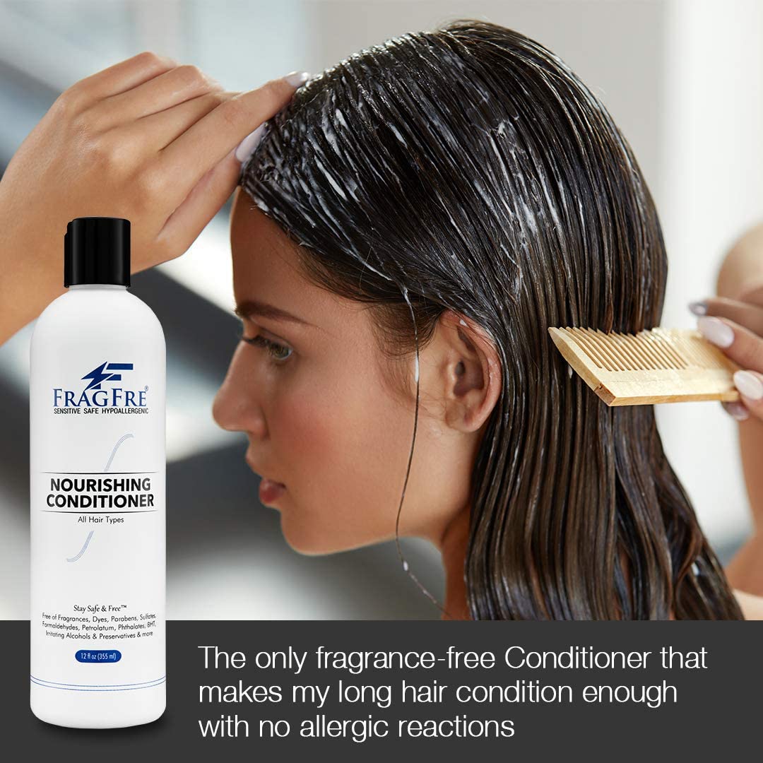 FRAGFRE conditioner in hand during application for easier detangling