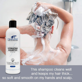 FRAGFRE shampoo pour and foam texture illustrating mild cleanse and hydration