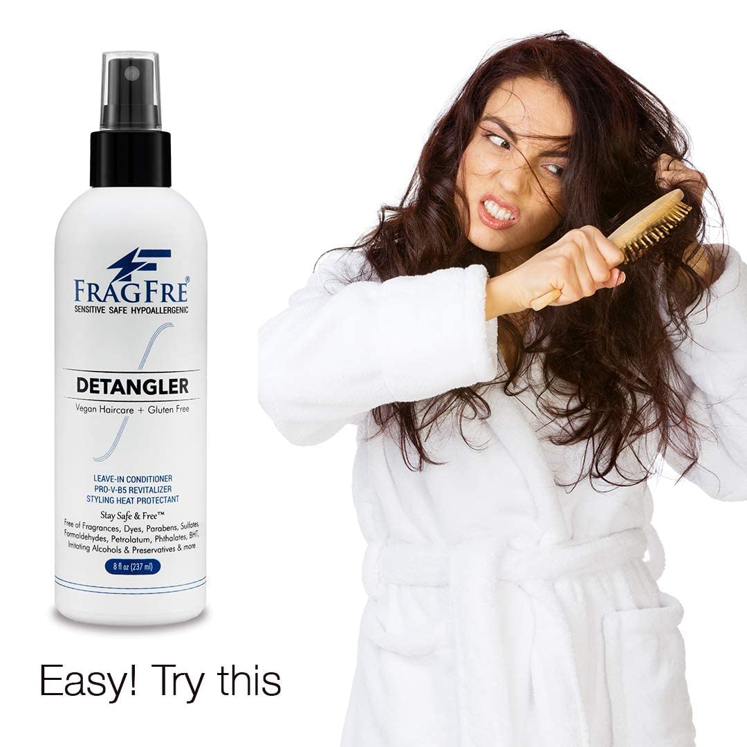 FRAGFRE spray nozzle dispensing mist, demonstrates even application for easier detangling