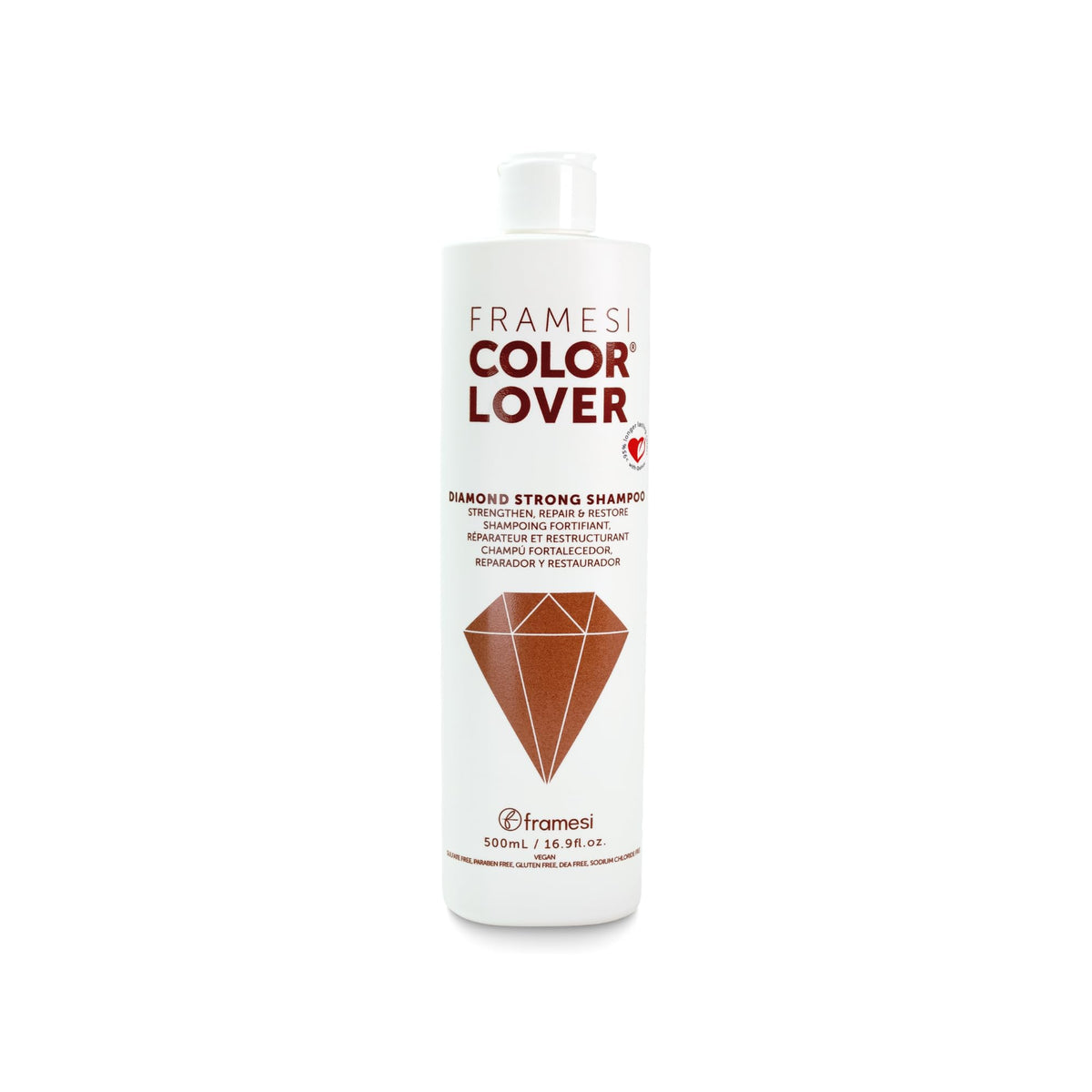 Framesi bottle front view showing label and strengthened color-treated hair benefits
