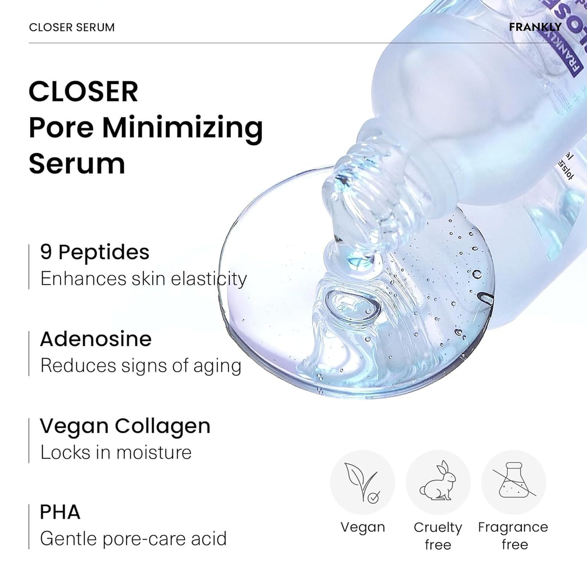 FRANKLY ingredient label close-up showing peptides and PHA list