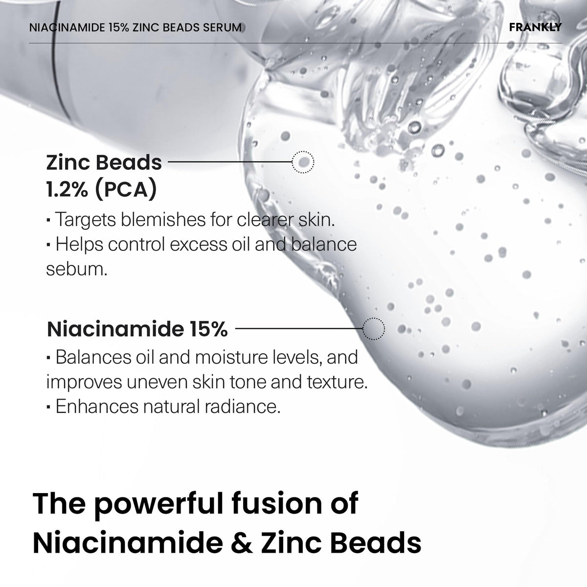 FRANKLY serum dispensed on hand showing lightweight texture and easy absorption