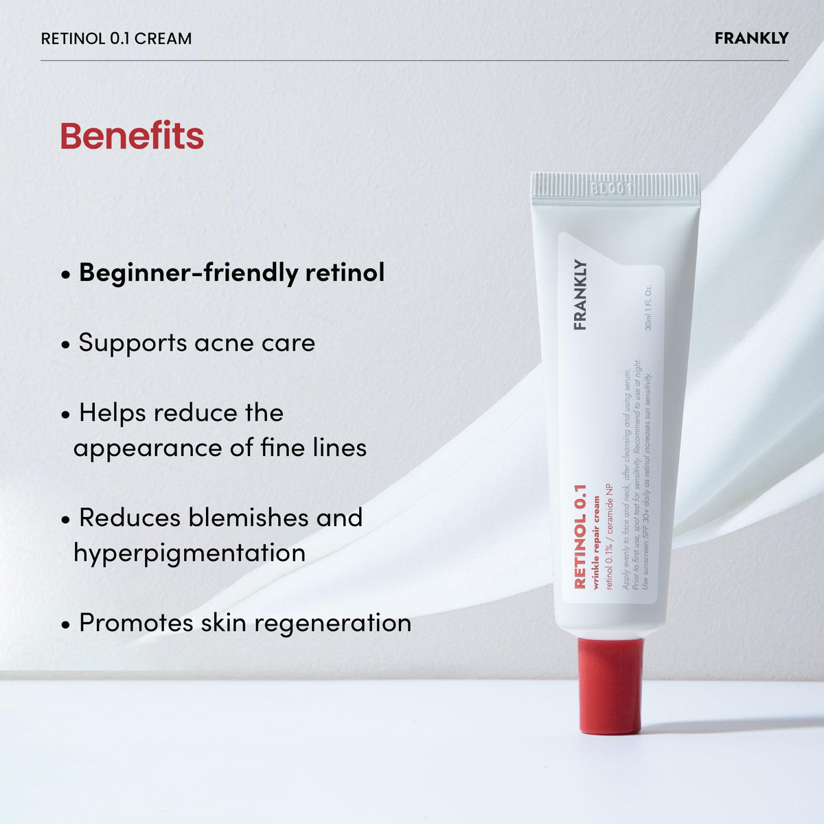 FRANKLY cream dispensed on hand demonstrating small pea-sized amount needed for application
