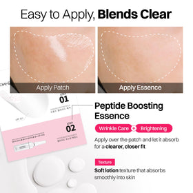 FRANZ peptide essence bottle beside patches illustrating hydration benefit