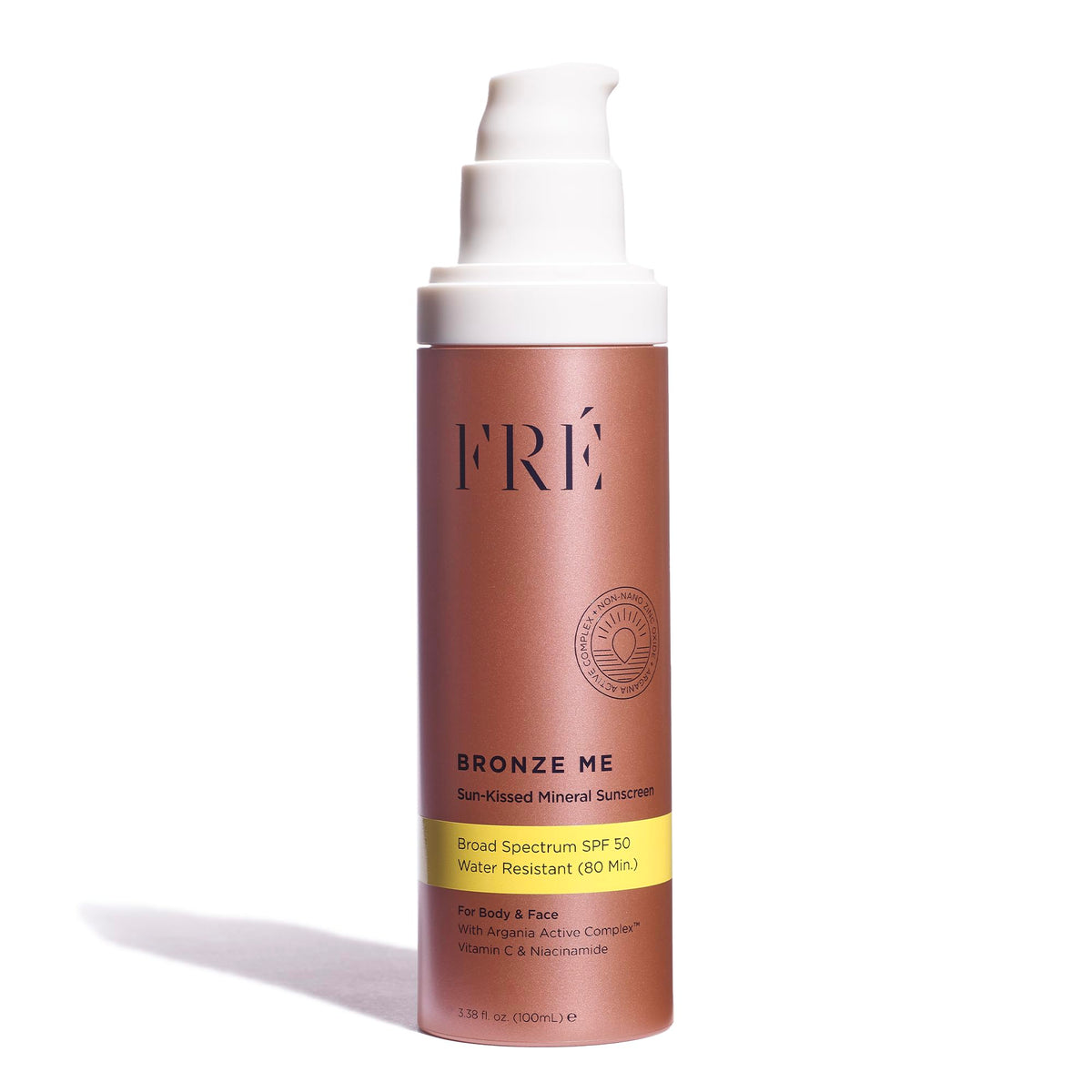 FRÉ BRONZE ME front packaging showing tinted mineral sunscreen and SPF 50 protection