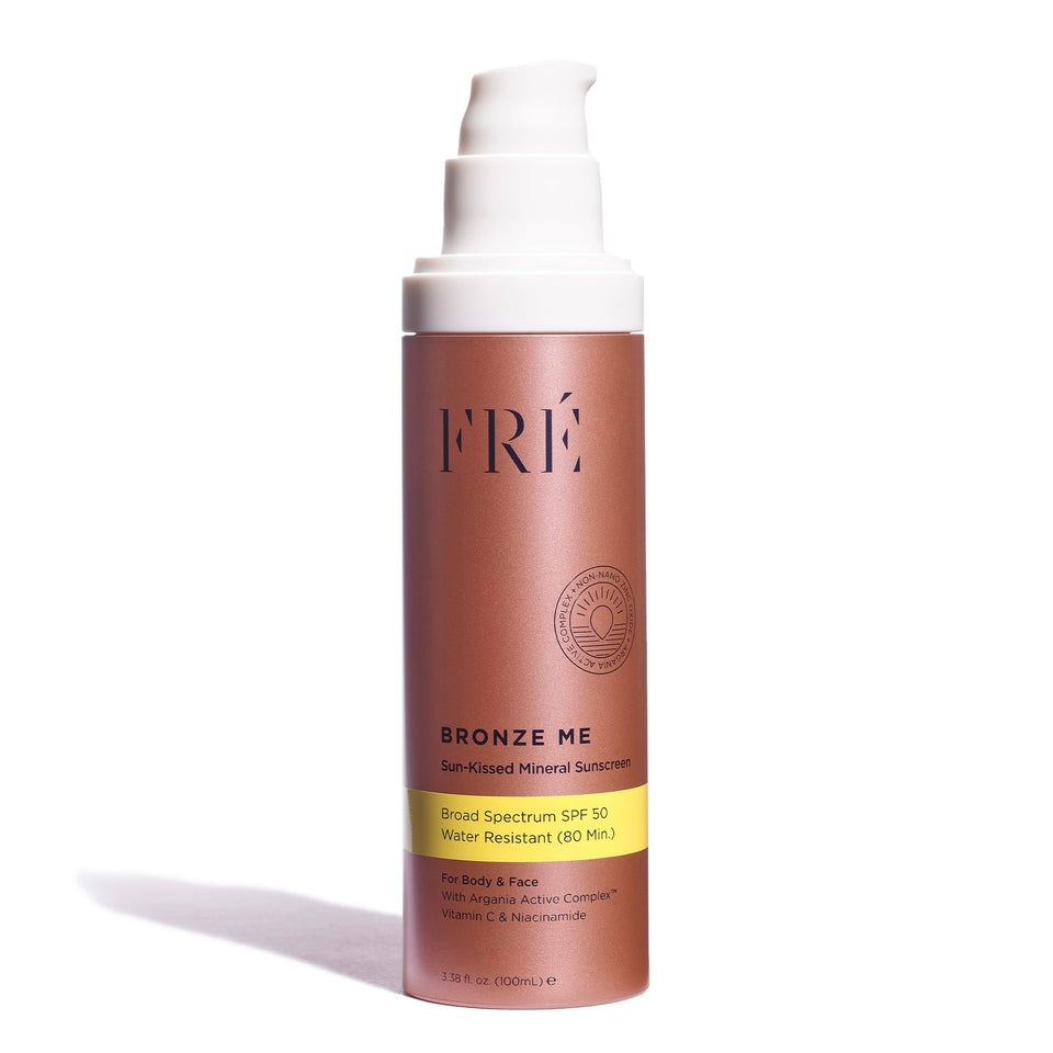 FRÉ BRONZE ME front packaging showing tinted mineral sunscreen and SPF 50 protection