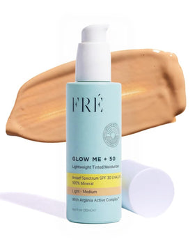 FRÉ front packaging of Glow Me+ showing SPF 50 and shade