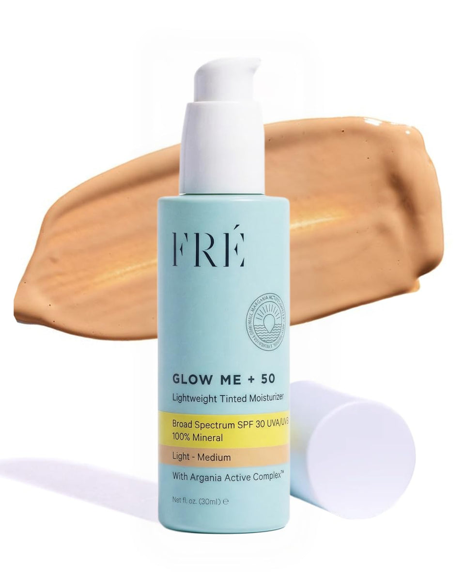 FRÉ front packaging of Glow Me+ showing SPF 50 and shade