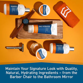 Frederick Benjamin jar on bathroom shelf in lifestyle scene, shows everyday grooming benefit