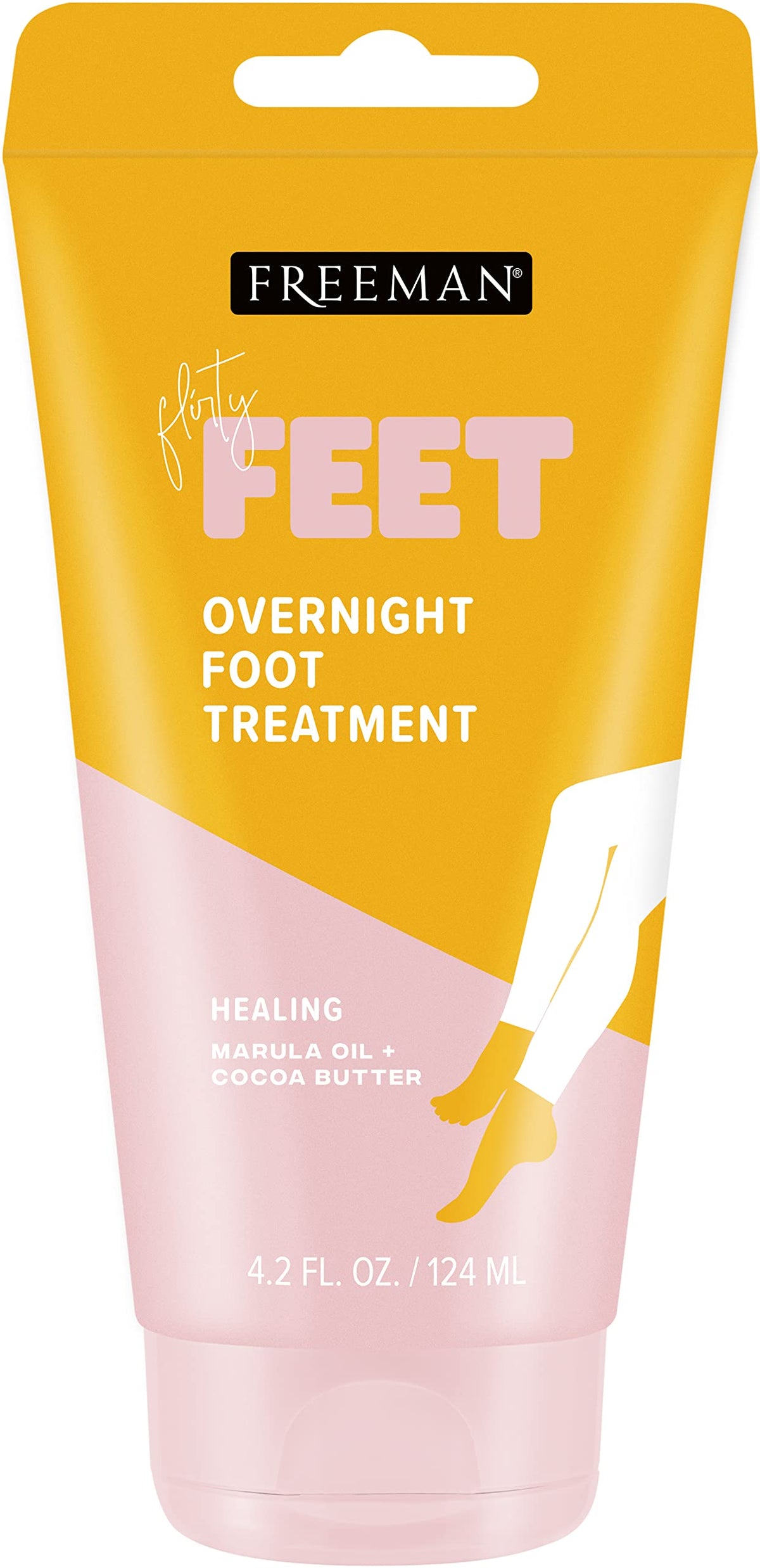 Freeman bare foot front packaging showing two 4.2 oz tubes with marula oil and cocoa butter benefits