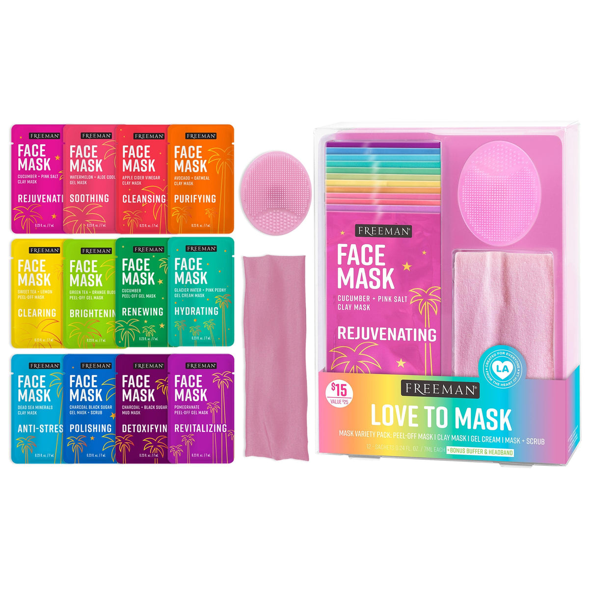 Freeman front packaging showing full 14-piece mask kit and benefits