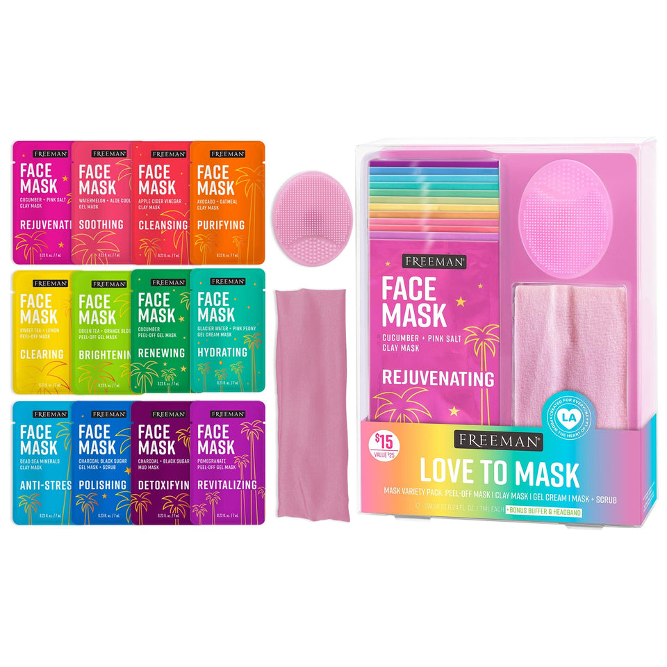 Freeman front packaging showing full 14-piece mask kit and benefits
