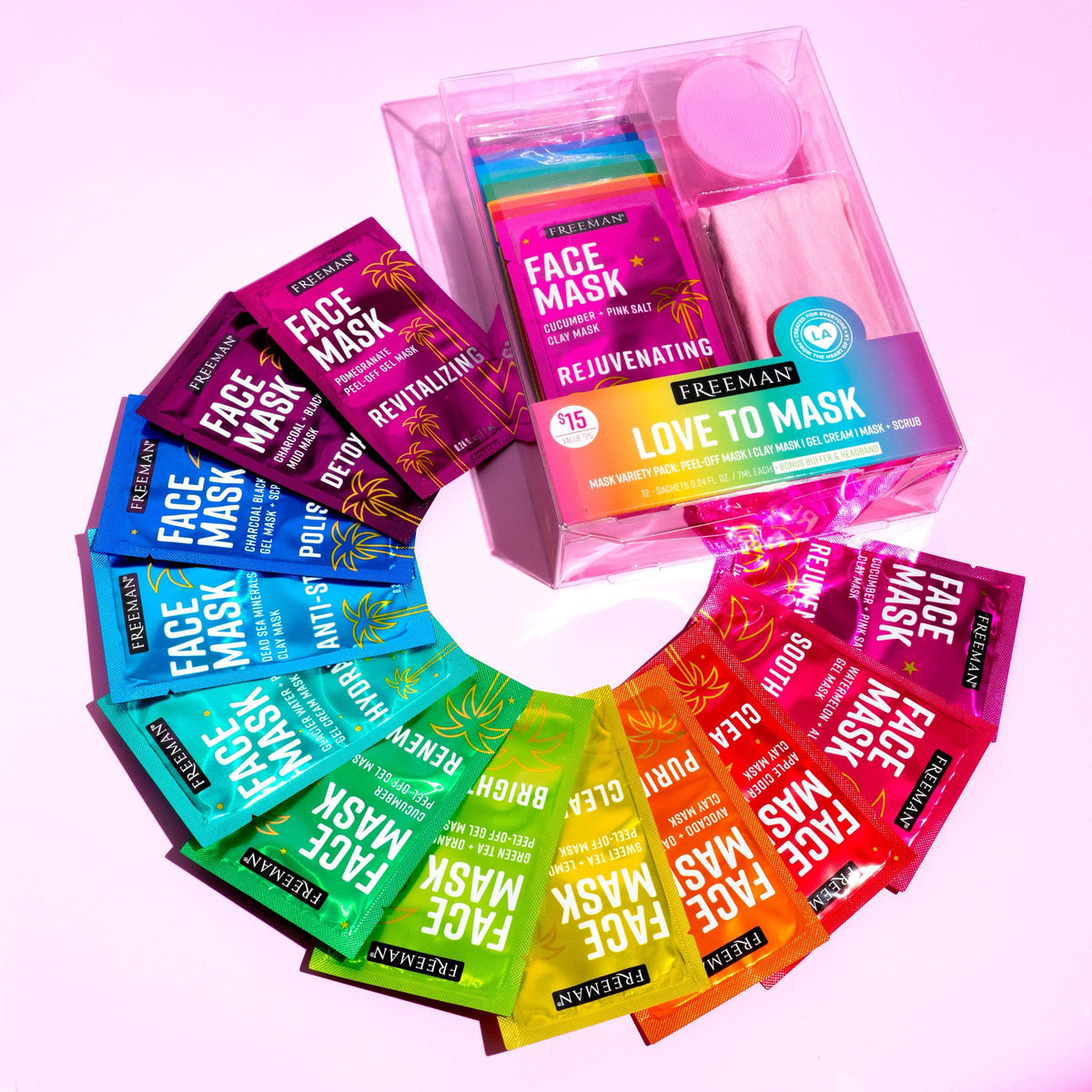 Freeman travel-sized sachets packed in a clear toiletry bag for convenience