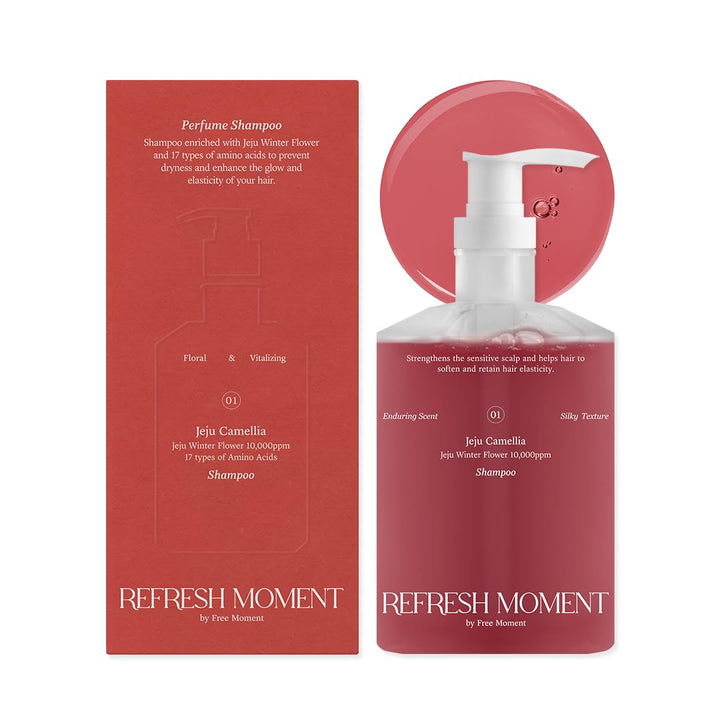 FREEMOMENT front packaging showing Jeju Camellia and volume benefits