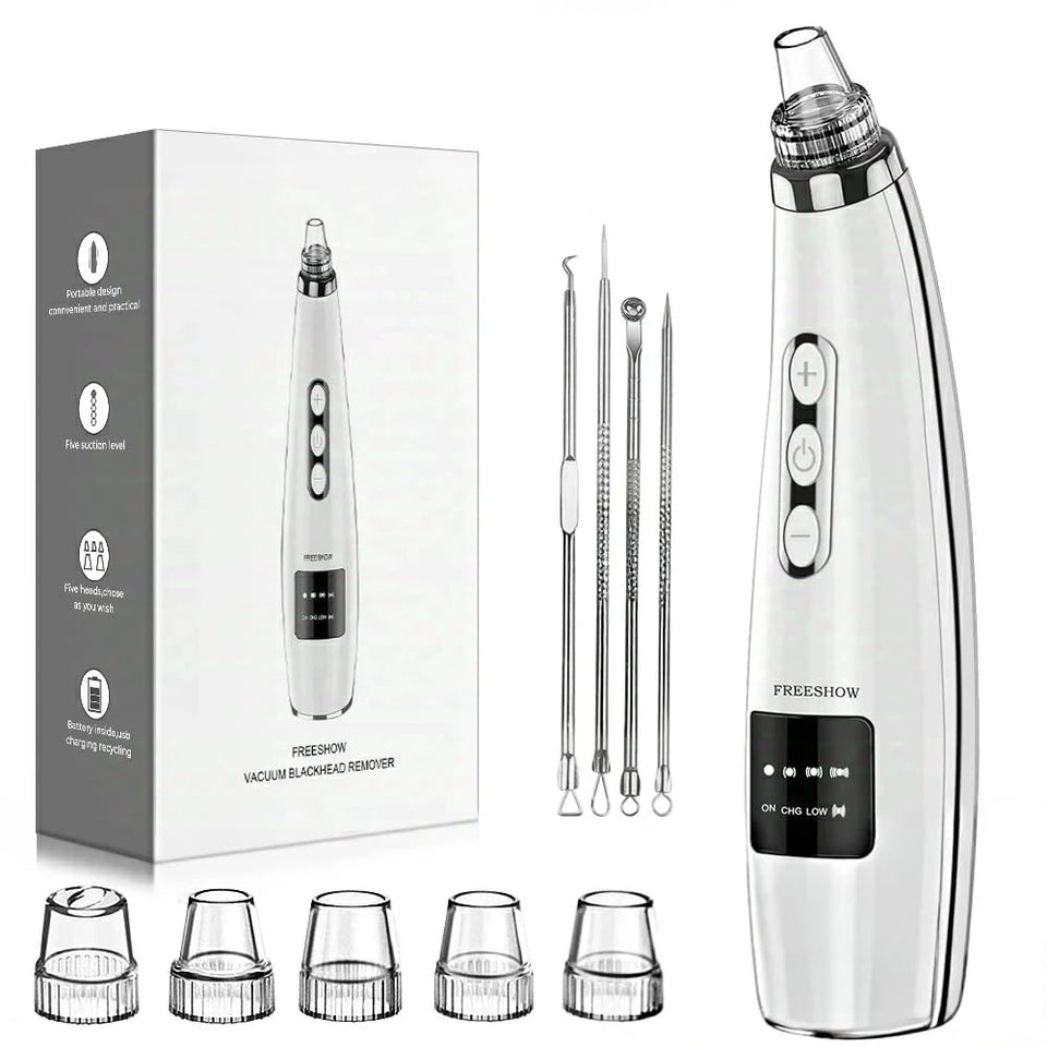 FREESHOW front view of the rechargeable pore vacuum showing controls and benefits