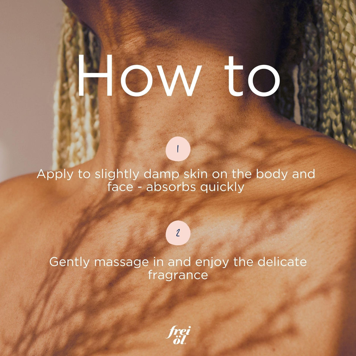 massaging frei öl into arm skin showing body hydration and improved skin smoothness benefit