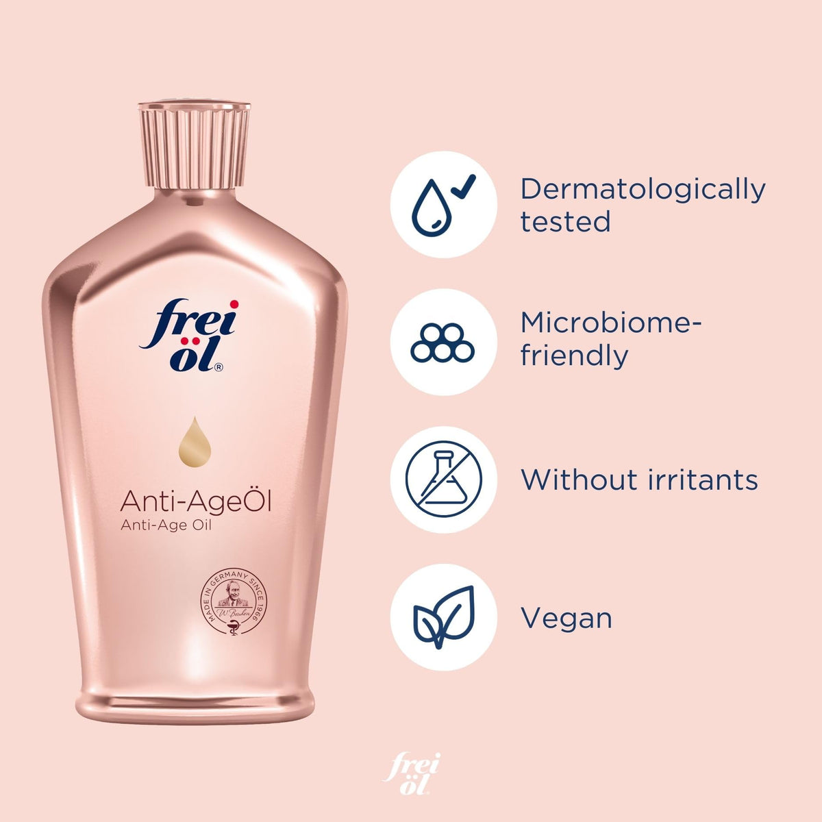 product label and ingredient list for frei öl highlighting camellia and vitamin-rich formula benefits