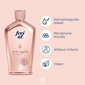 product label and ingredient list for frei öl highlighting camellia and vitamin-rich formula benefits