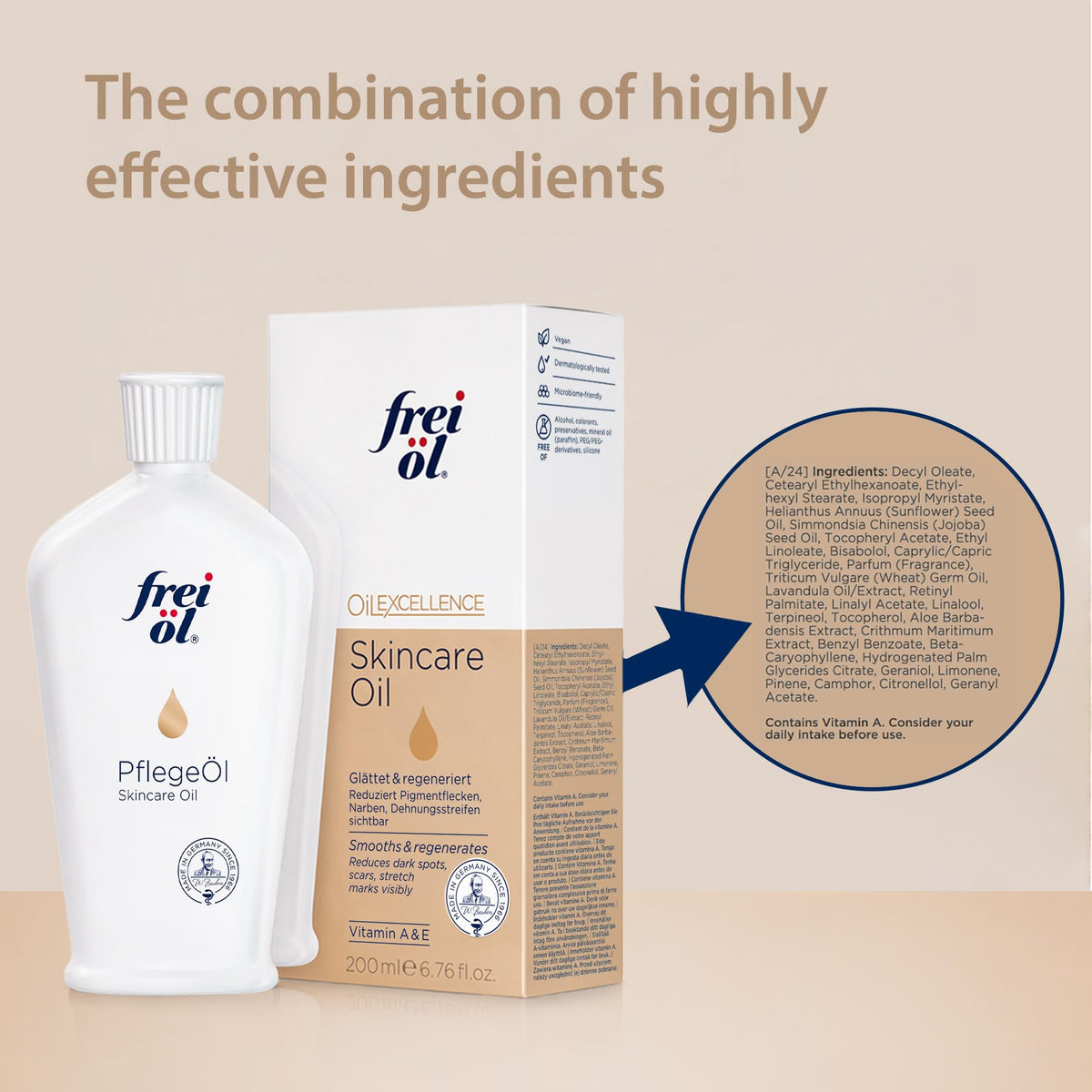 frei öl packaging with lavender sprig conveying calming scent and natural formula