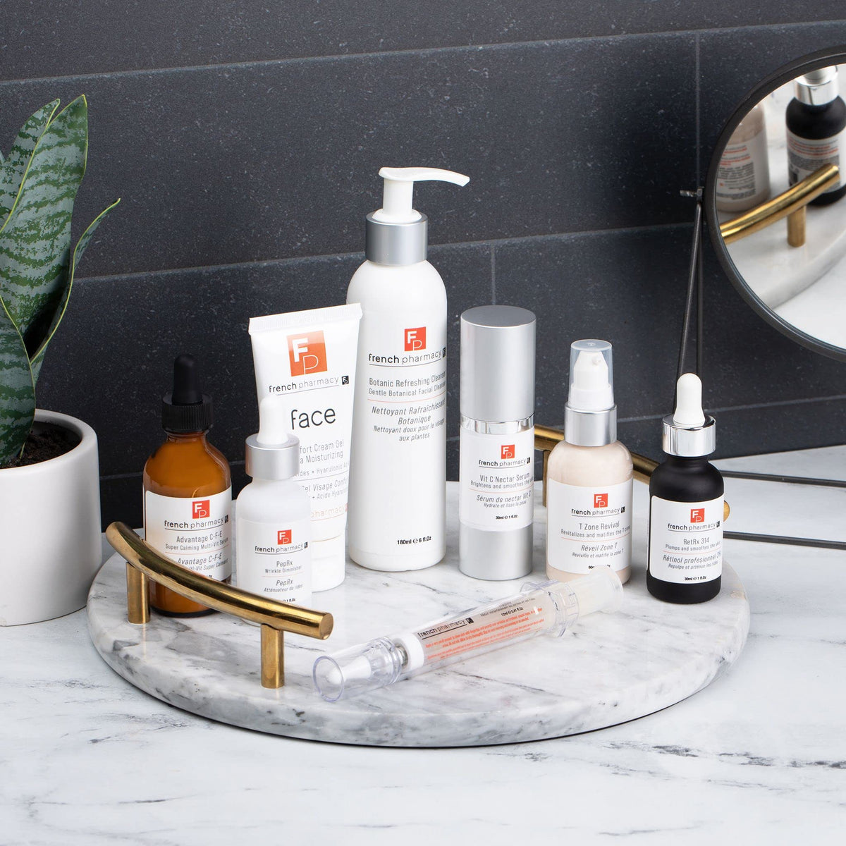 FRENCH PHARMACY serum on bathroom counter in evening routine setting for bedtime skincare benefit