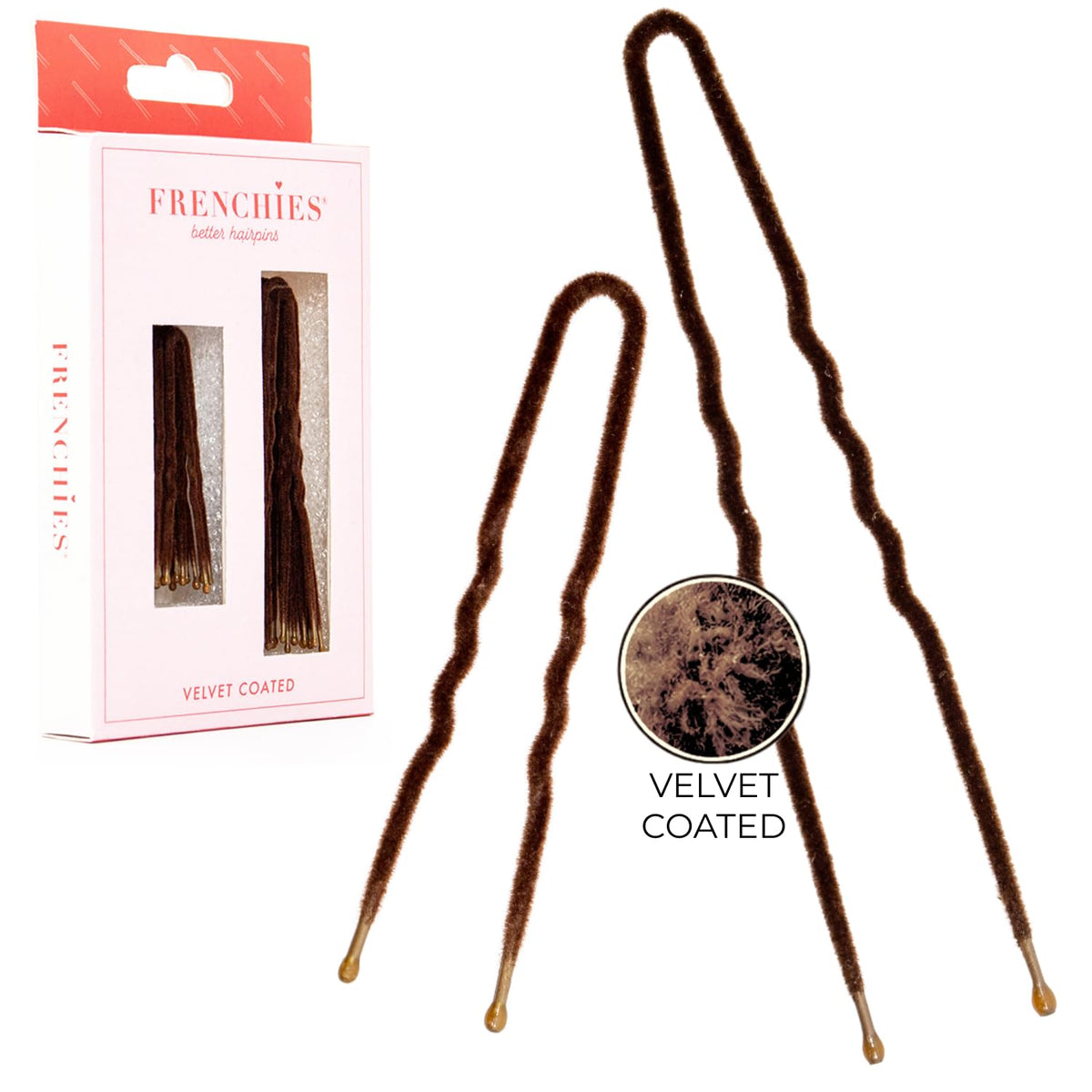 Frenchies front packaging showing 20 brown velvet-coated pins and benefits