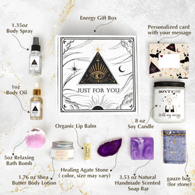 Frerdui open box overhead view highlighting assorted spa items for instant self-care