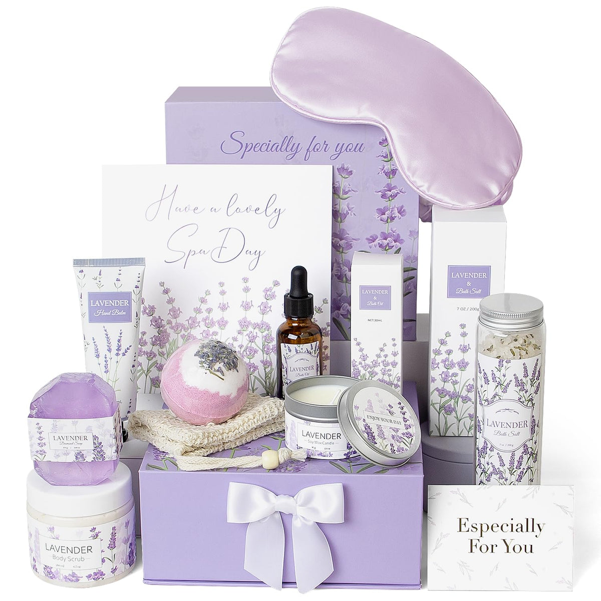 Frerdui lavender gift box front view showing complete spa set and ready-to-gift appeal