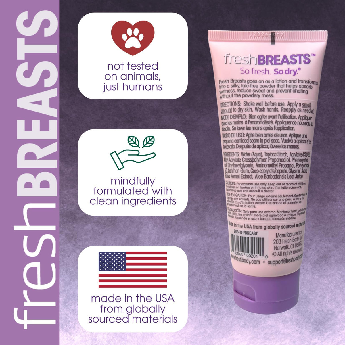 Fresh Body FB label highlighting oatmeal and aloe soothing benefits