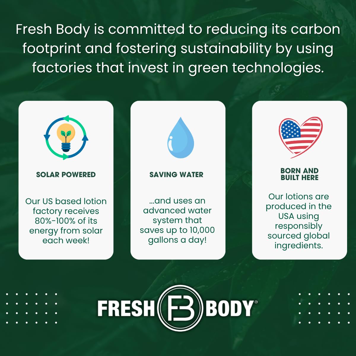 Fresh Body FB made in USA seal and charity donation program badge