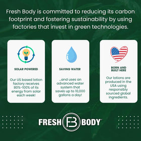 Fresh Body FB made in USA seal and charity donation program badge