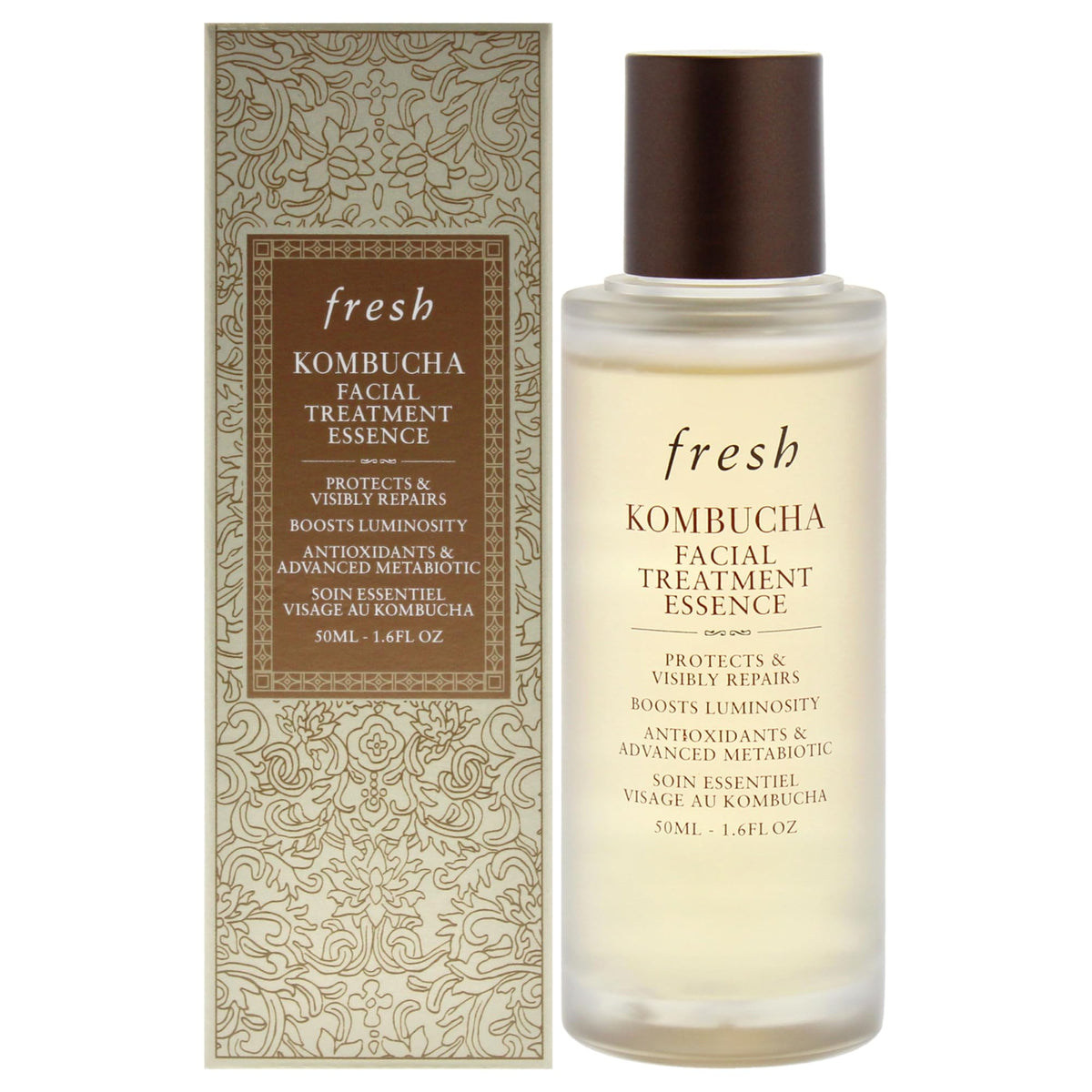 Fresh Kombucha essence front packaging showing compact travel bottle and clear label benefit