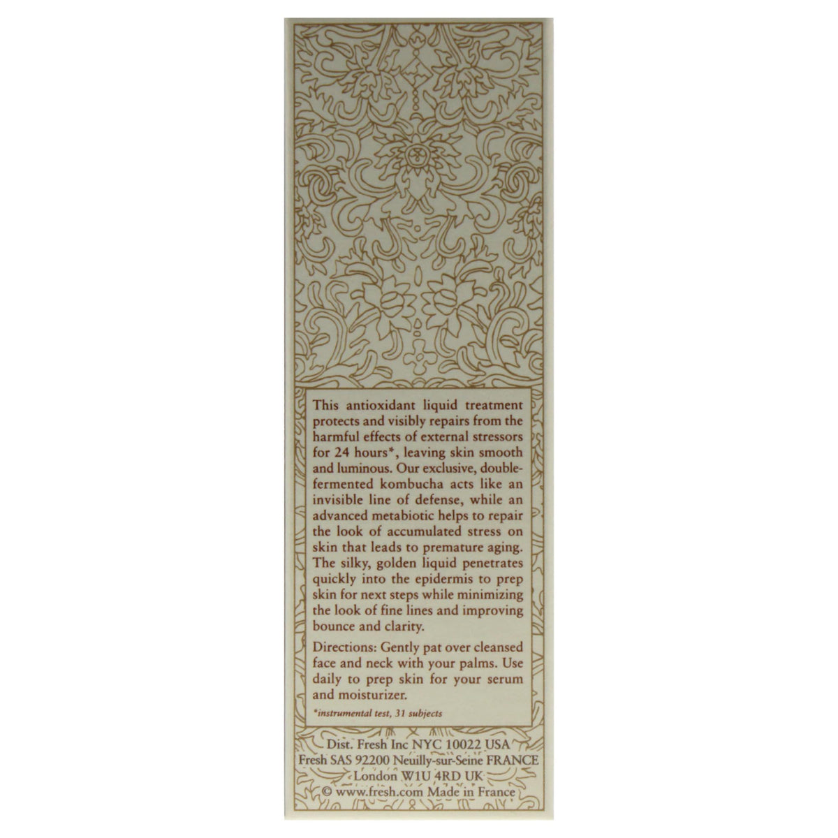 Fresh Kombucha essence ingredients label close-up showing key hydrating components