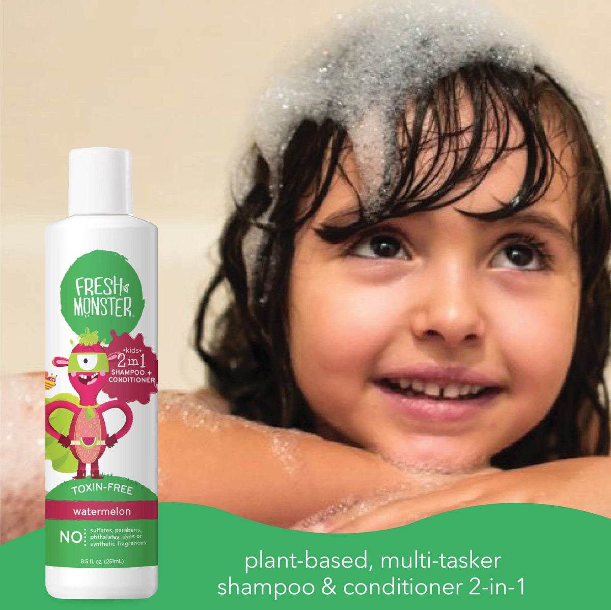 Fresh Monster in use with child having hair washed demonstrating tear-free comfort