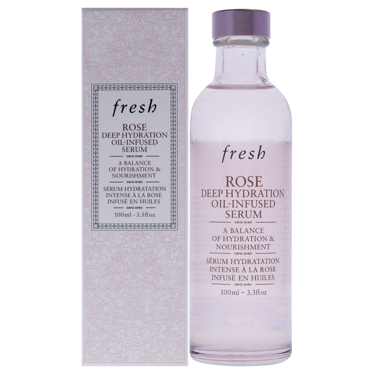 Fresh bottle front packaging showing dual-phase serum and rosewater benefits